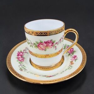 Limoges France Demitasse Cup Saucer Set Pink Rose Gold Gilt Floral Porcelain VTG